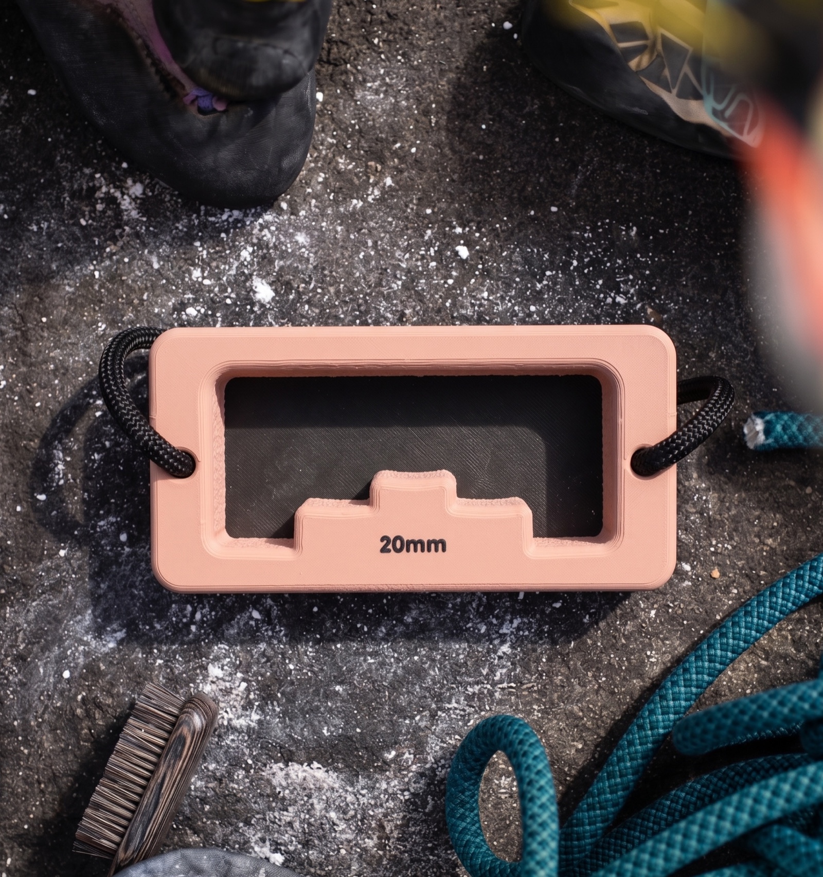 Clay Pink and Charcoal Dab Block 02 on a chalked gym floor